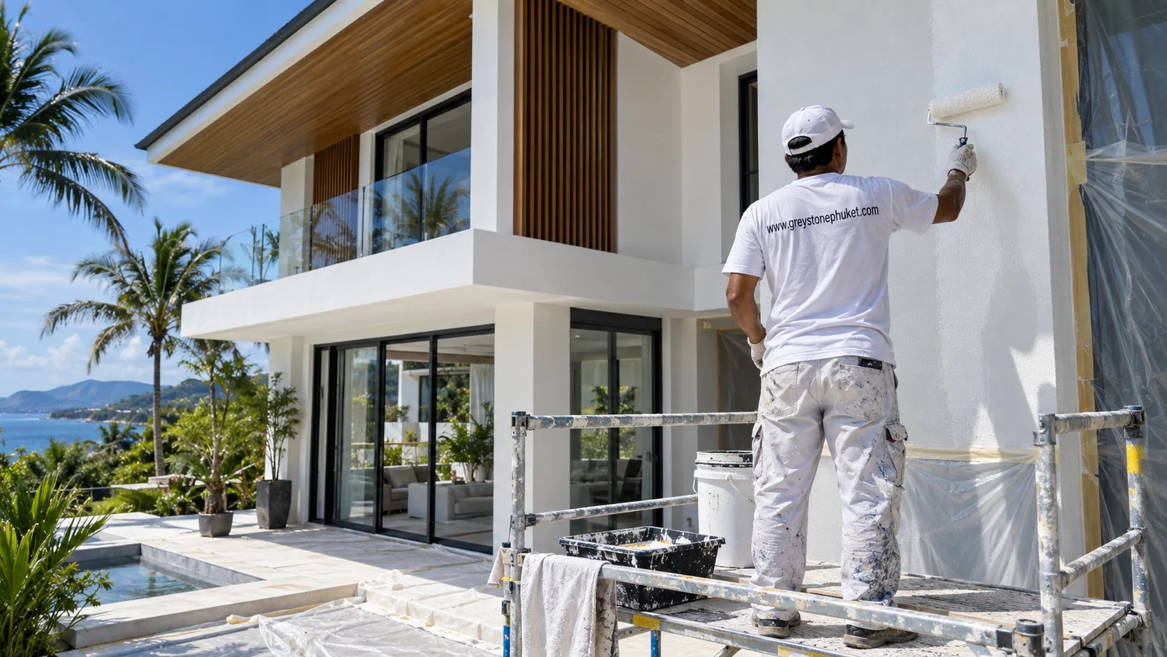 Greystone painter applying an exterior finish to a Phuket villa