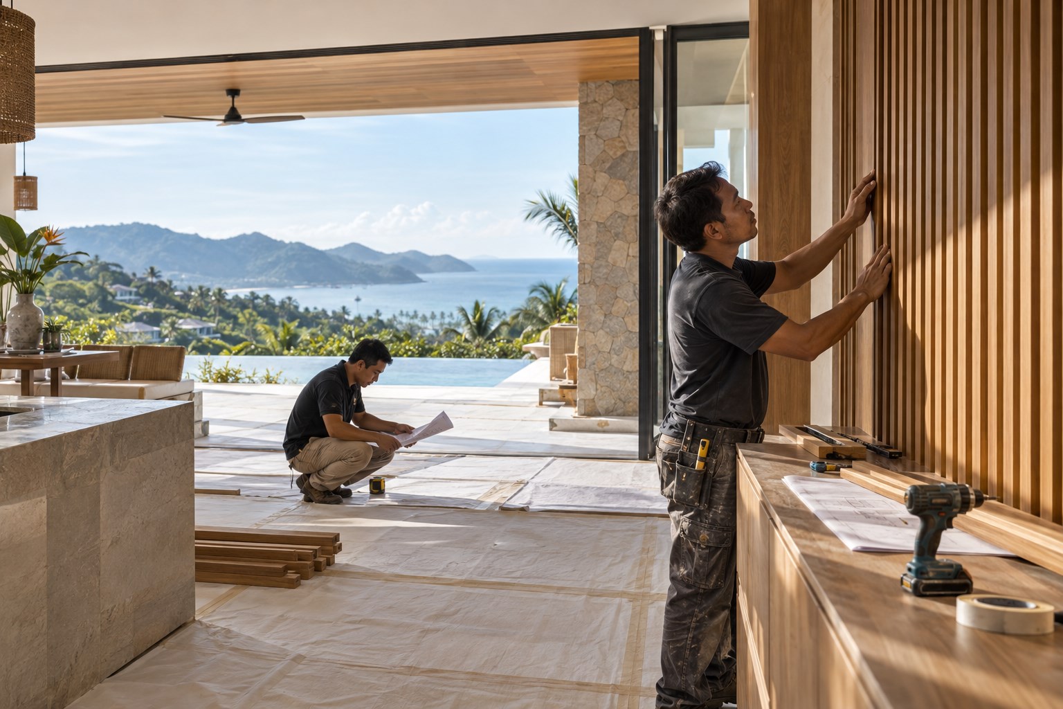 Construction team reviewing drawings during detailed villa work in Phuket